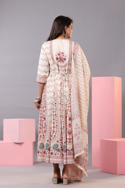 Ecru Rayon Floral Printed Kurta And Dupatta Set