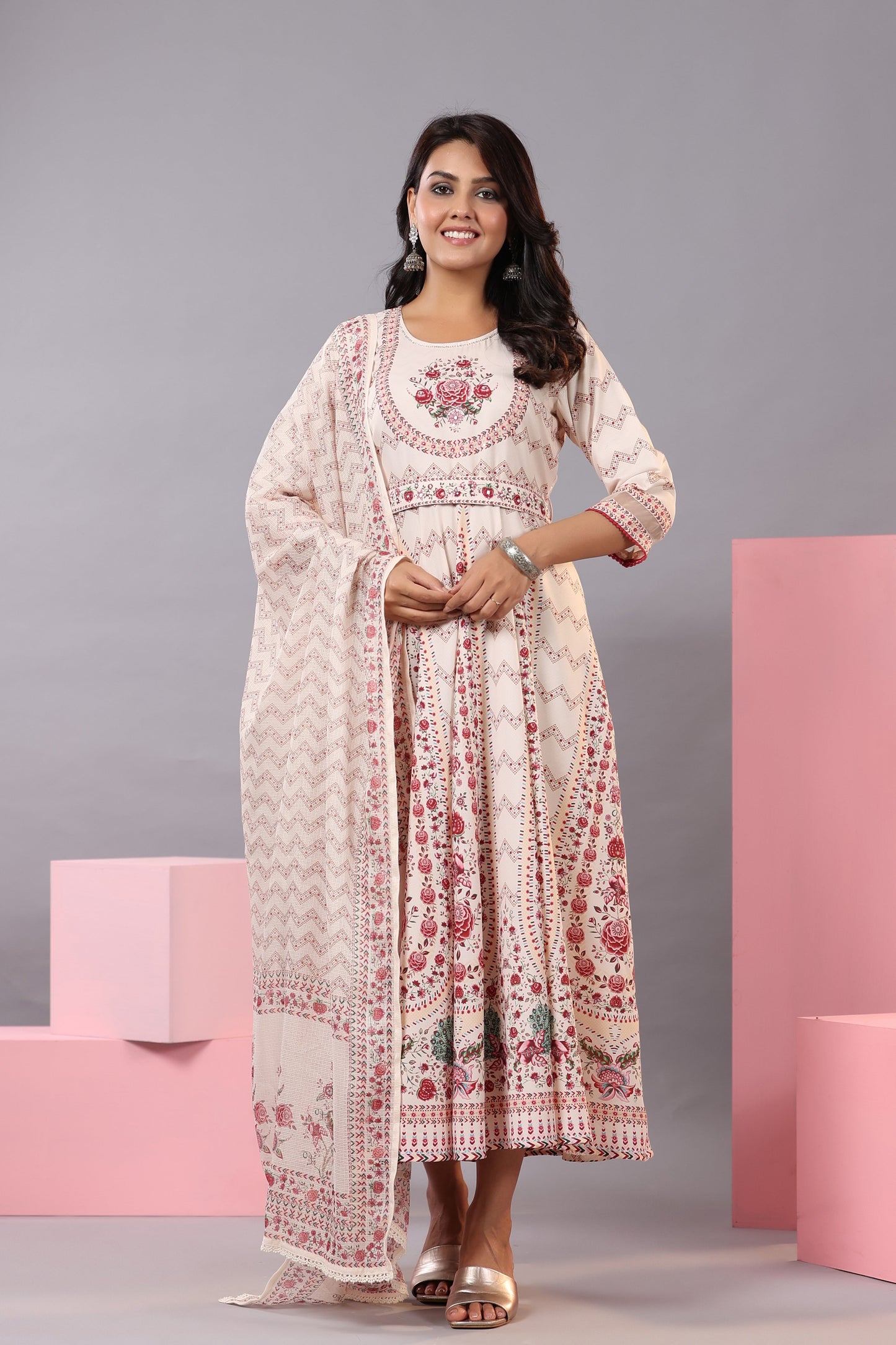 Ecru Rayon Floral Printed Kurta And Dupatta Set