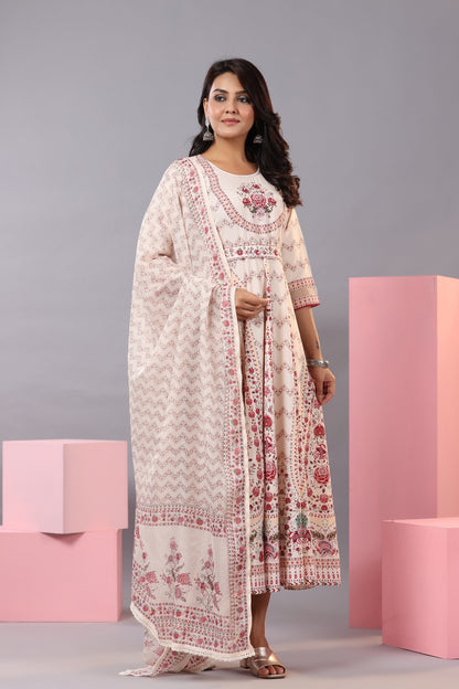 Ecru Rayon Floral Printed Kurta And Dupatta Set