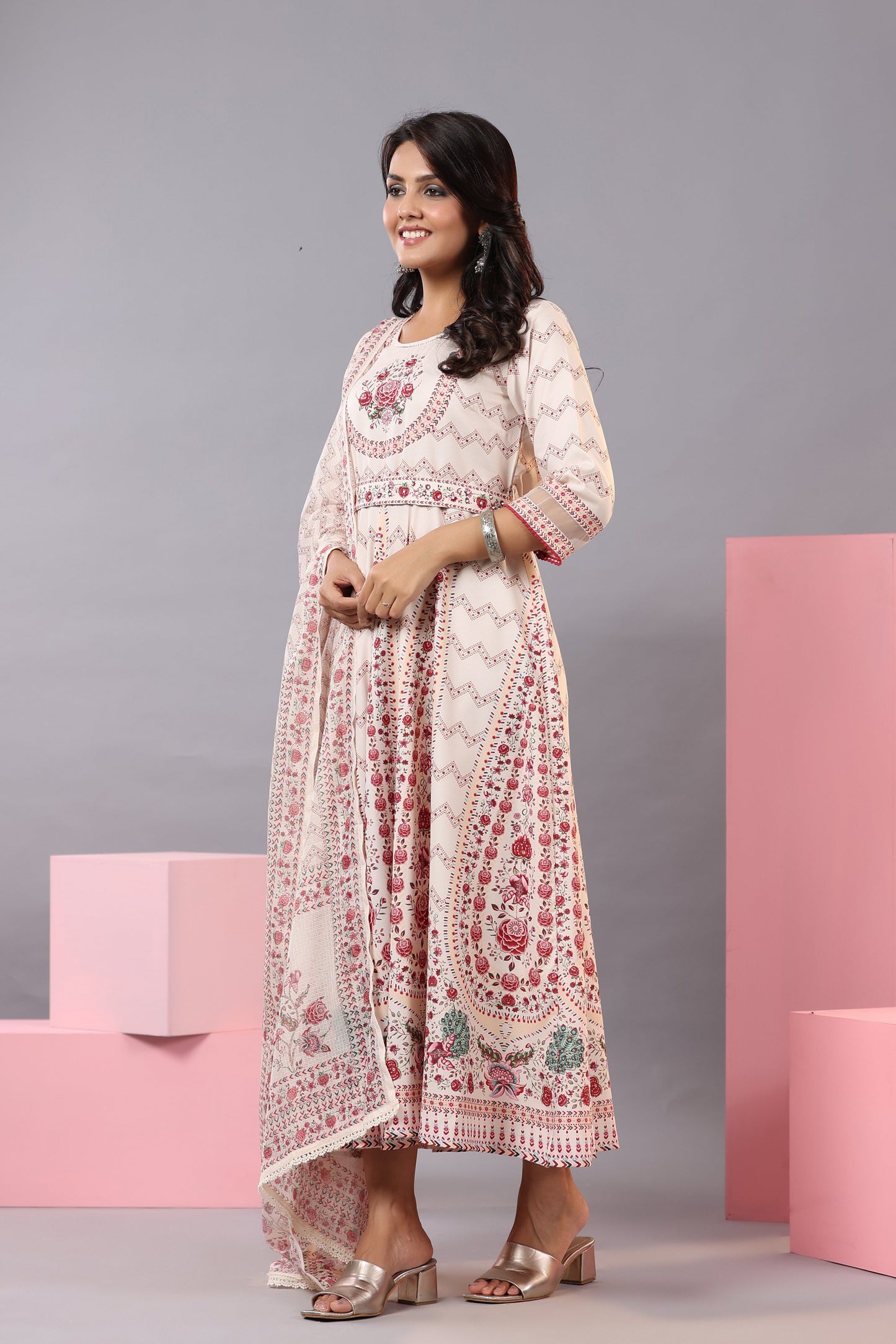 Ecru Rayon Floral Printed Kurta And Dupatta Set