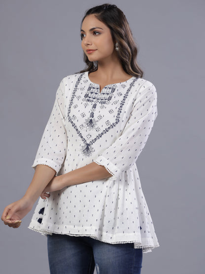 Off-White Cotton Dobby Embroidered Tunic
