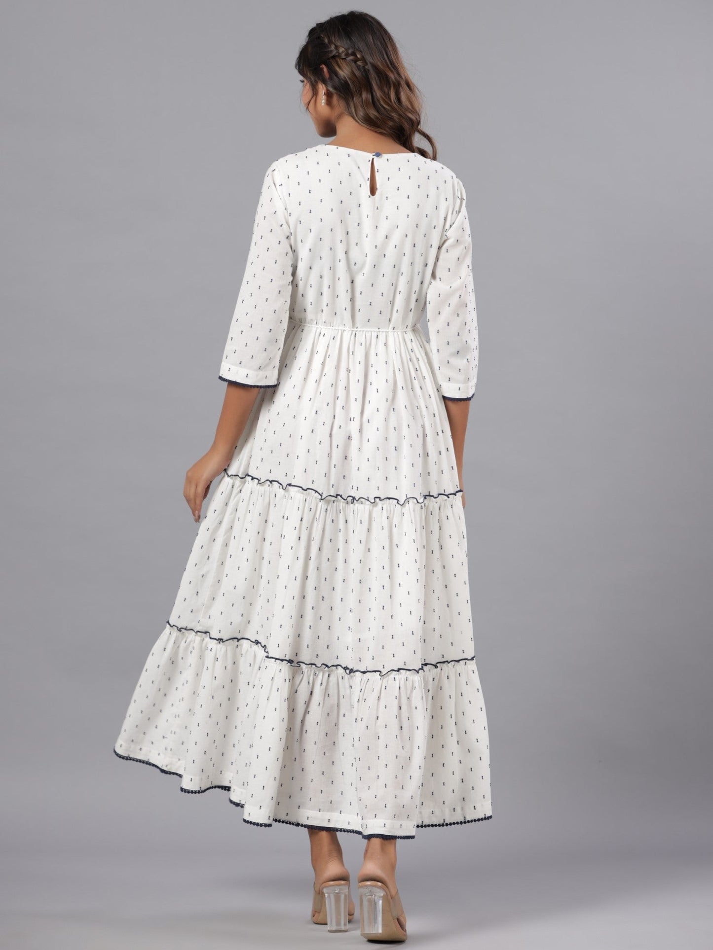 Off-White Cotton Dobby Embroidered Tiered Maxi Dress