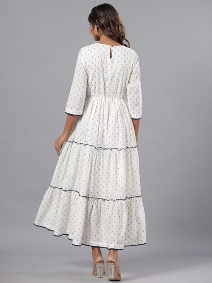 Off-White Cotton Dobby Embroidered Tiered Maxi Dress