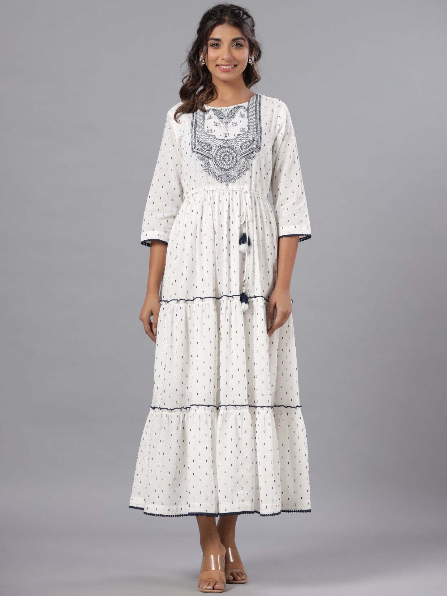 Off-White Cotton Dobby Embroidered Tiered Maxi Dress