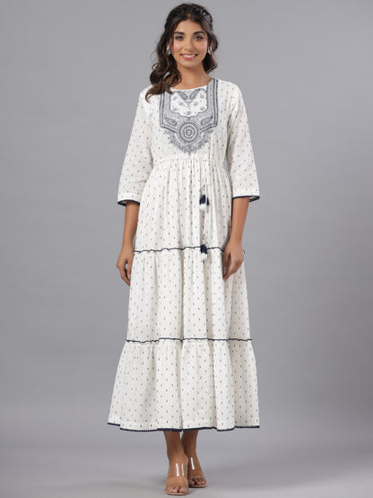 Off-White Cotton Dobby Embroidered Tiered Maxi Dress