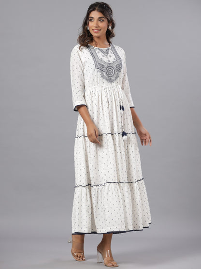 Off-White Cotton Dobby Embroidered Tiered Maxi Dress
