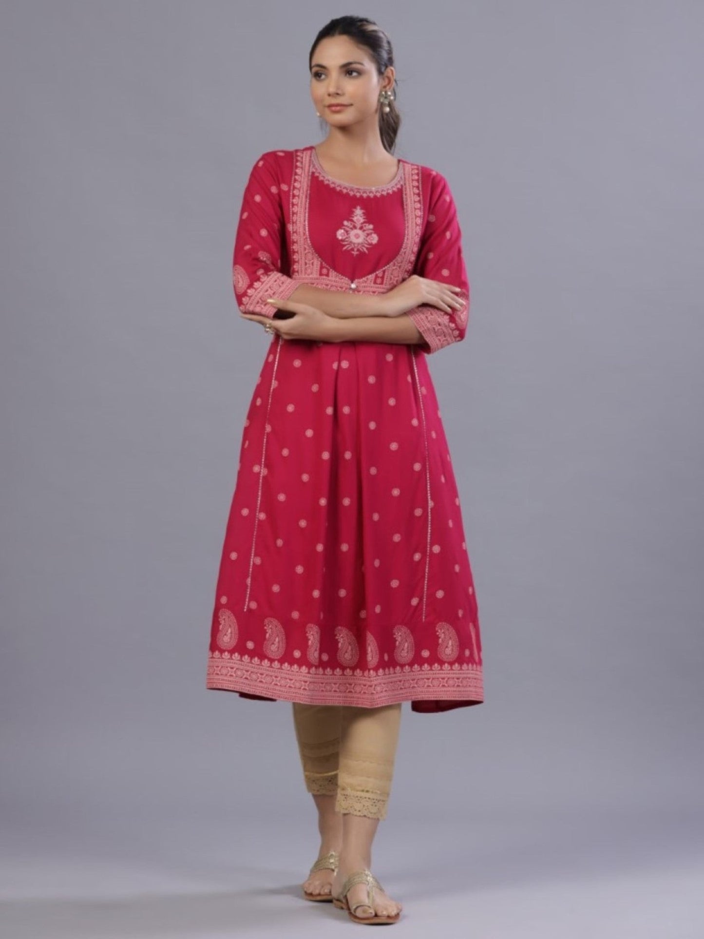 Fuchsia Rayon Printed A-Line Kurta