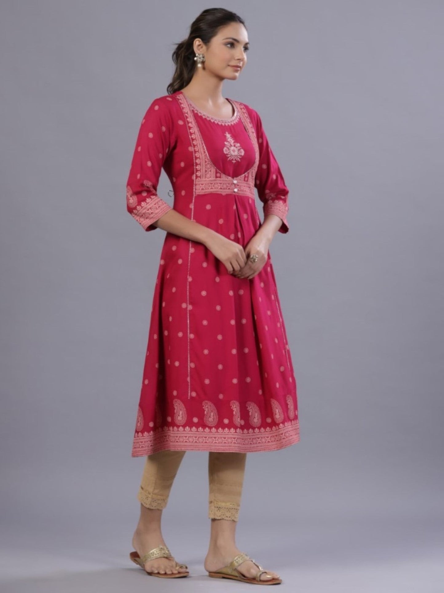 Fuchsia Rayon Printed A-Line Kurta