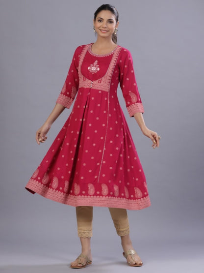 Fuchsia Rayon Printed A-Line Kurta