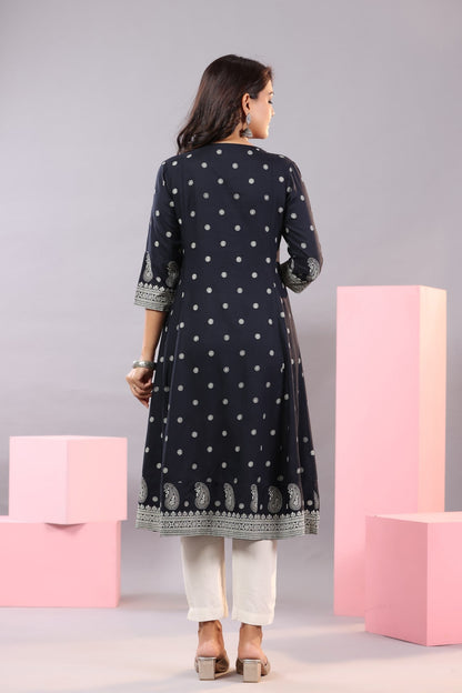 Indigo Rayon Printed A-Line Kurta