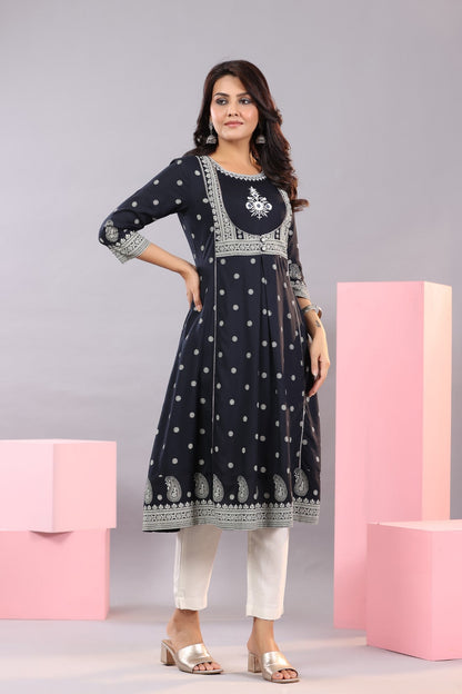 Indigo Rayon Printed A-Line Kurta