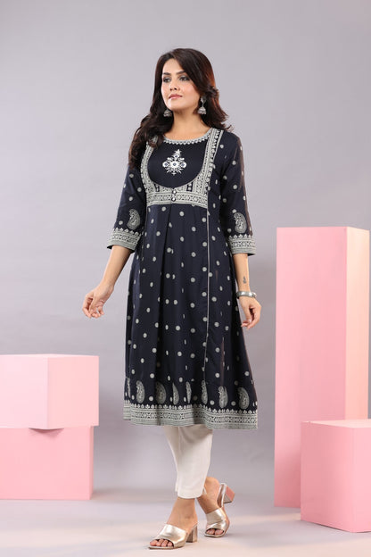 Indigo Rayon Printed A-Line Kurta