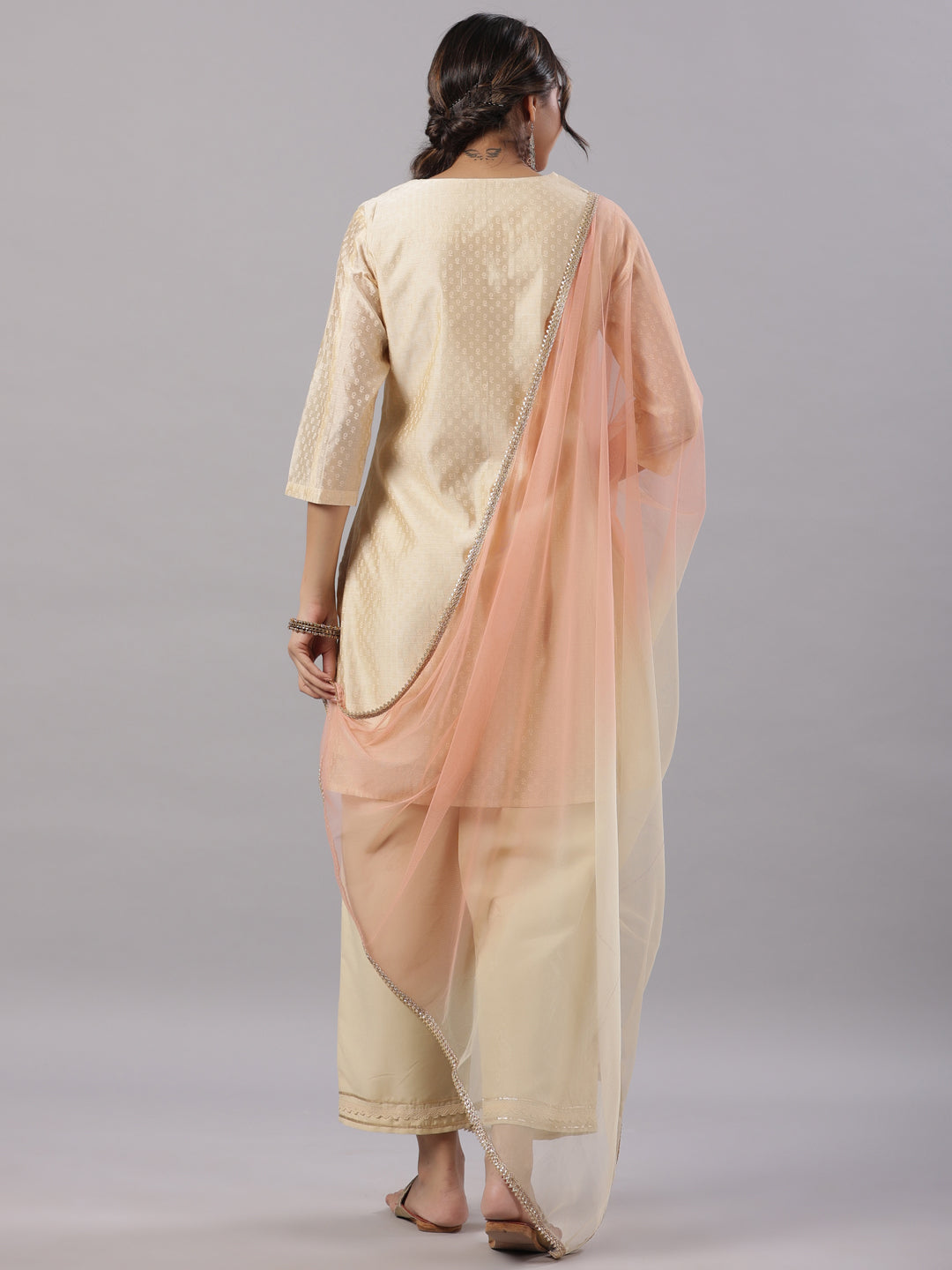 Gold Modal Chanderi Embroidered Kurta, Pants And Dupatta Set