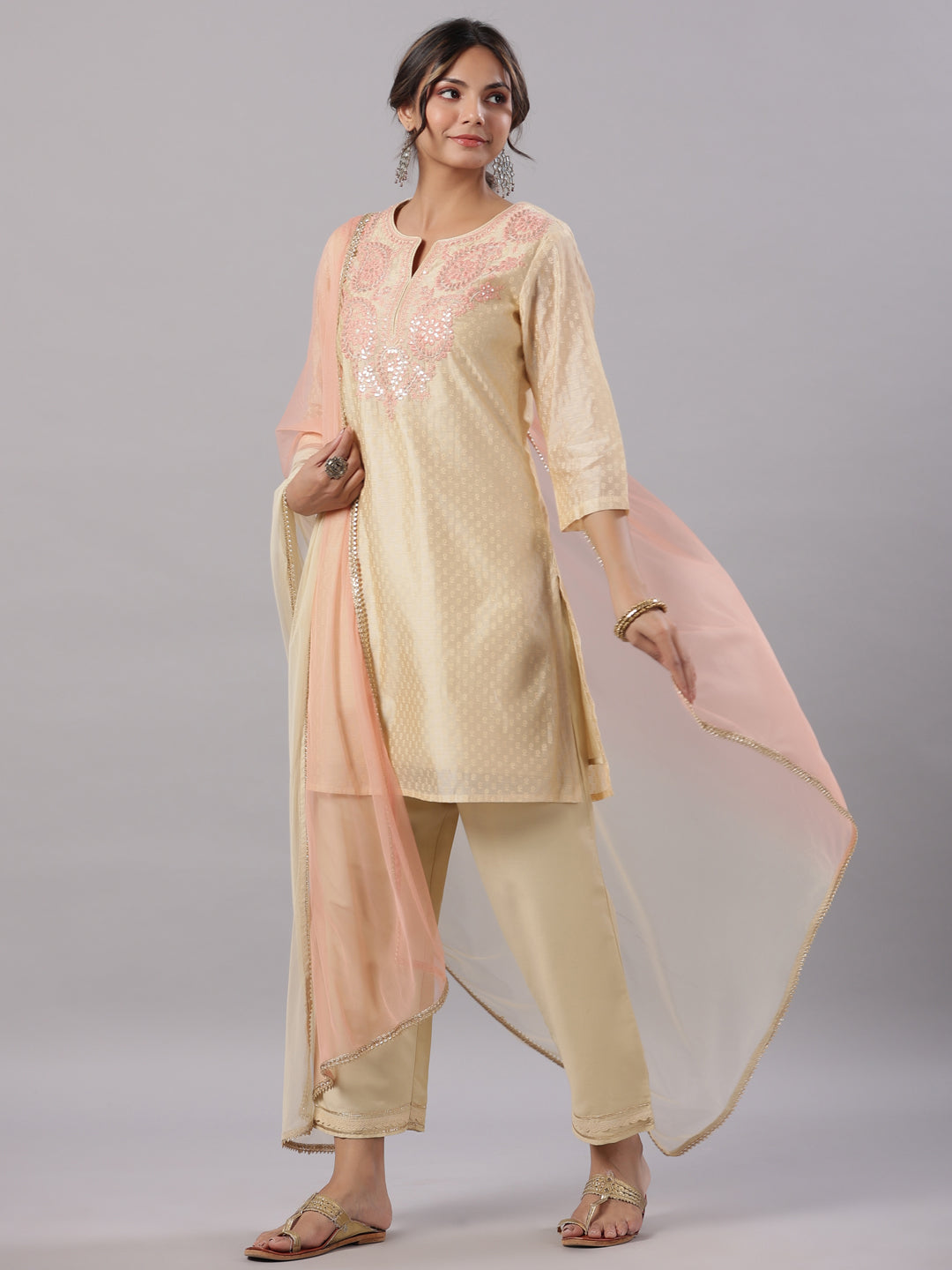 Gold Modal Chanderi Embroidered Kurta, Pants And Dupatta Set