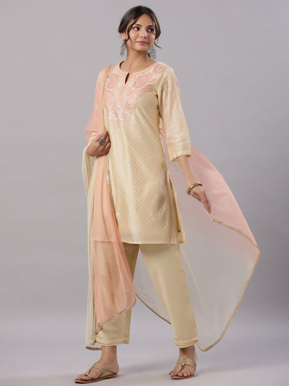 Gold Modal Chanderi Embroidered Kurta, Pants And Dupatta Set