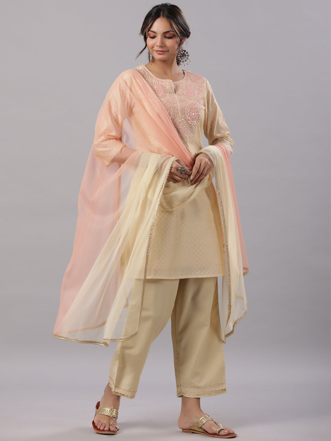 Gold Modal Chanderi Embroidered Kurta, Pants And Dupatta Set