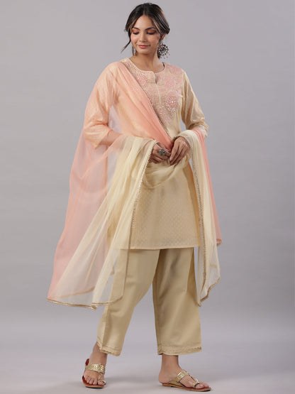 Gold Modal Chanderi Embroidered Kurta, Pants And Dupatta Set