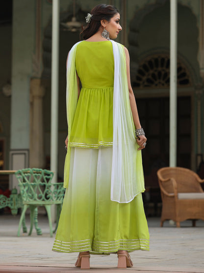 Green Georgette Embroidered Kurta, Palazzo And Dupatta Set