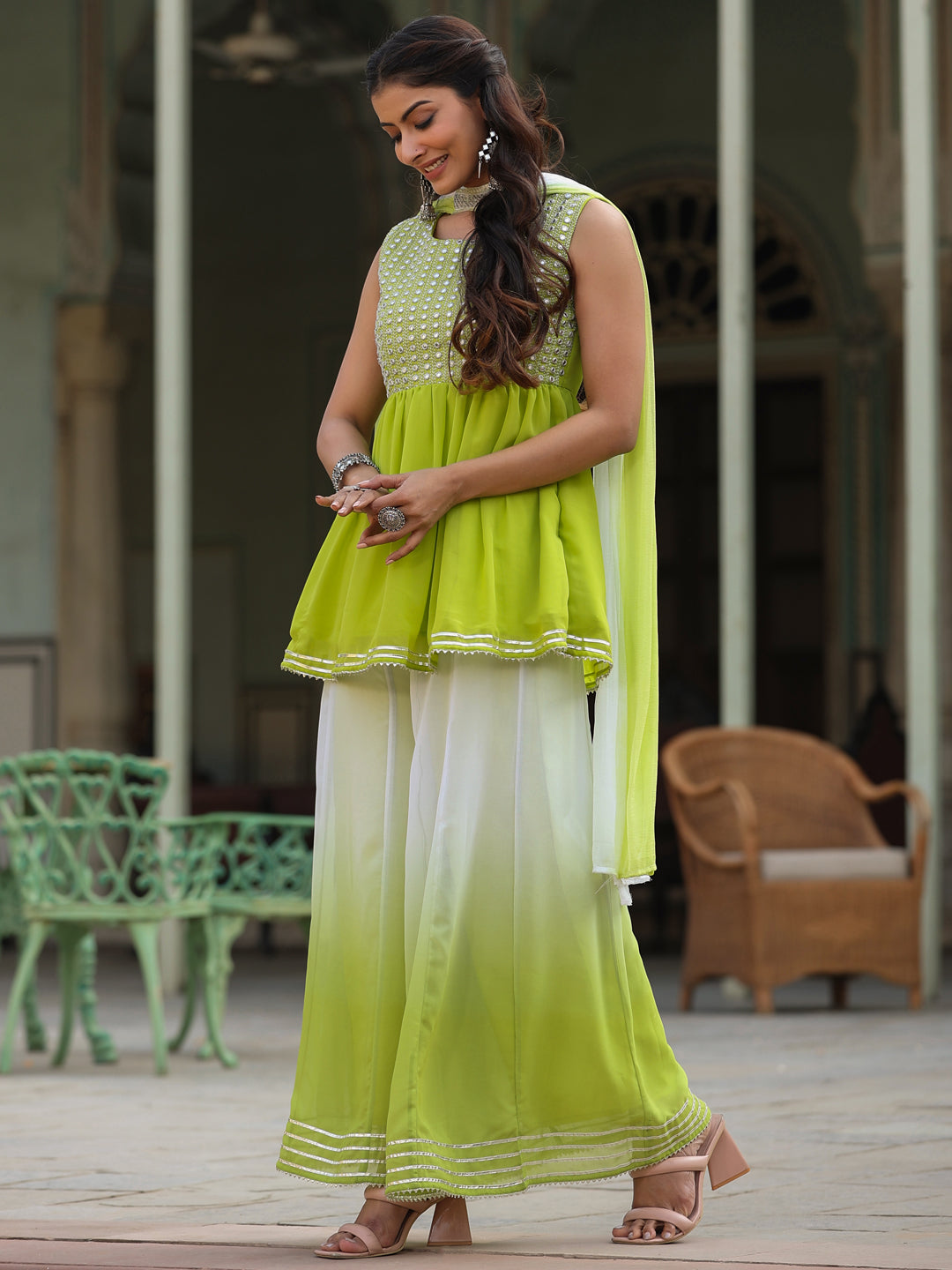 Green Georgette Embroidered Kurta, Palazzo And Dupatta Set