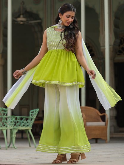 Green Georgette Embroidered Kurta, Palazzo And Dupatta Set