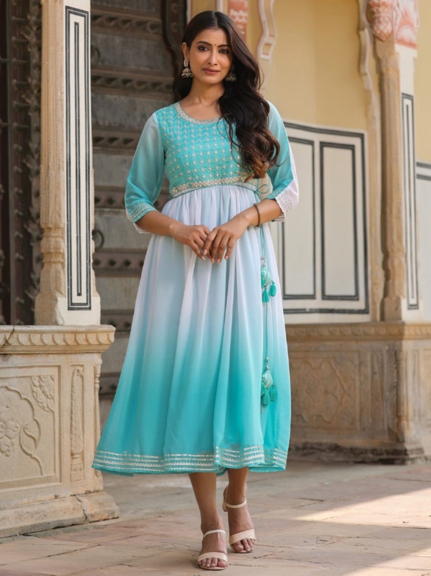 Teal Georgette Embroidered Maxi Dress