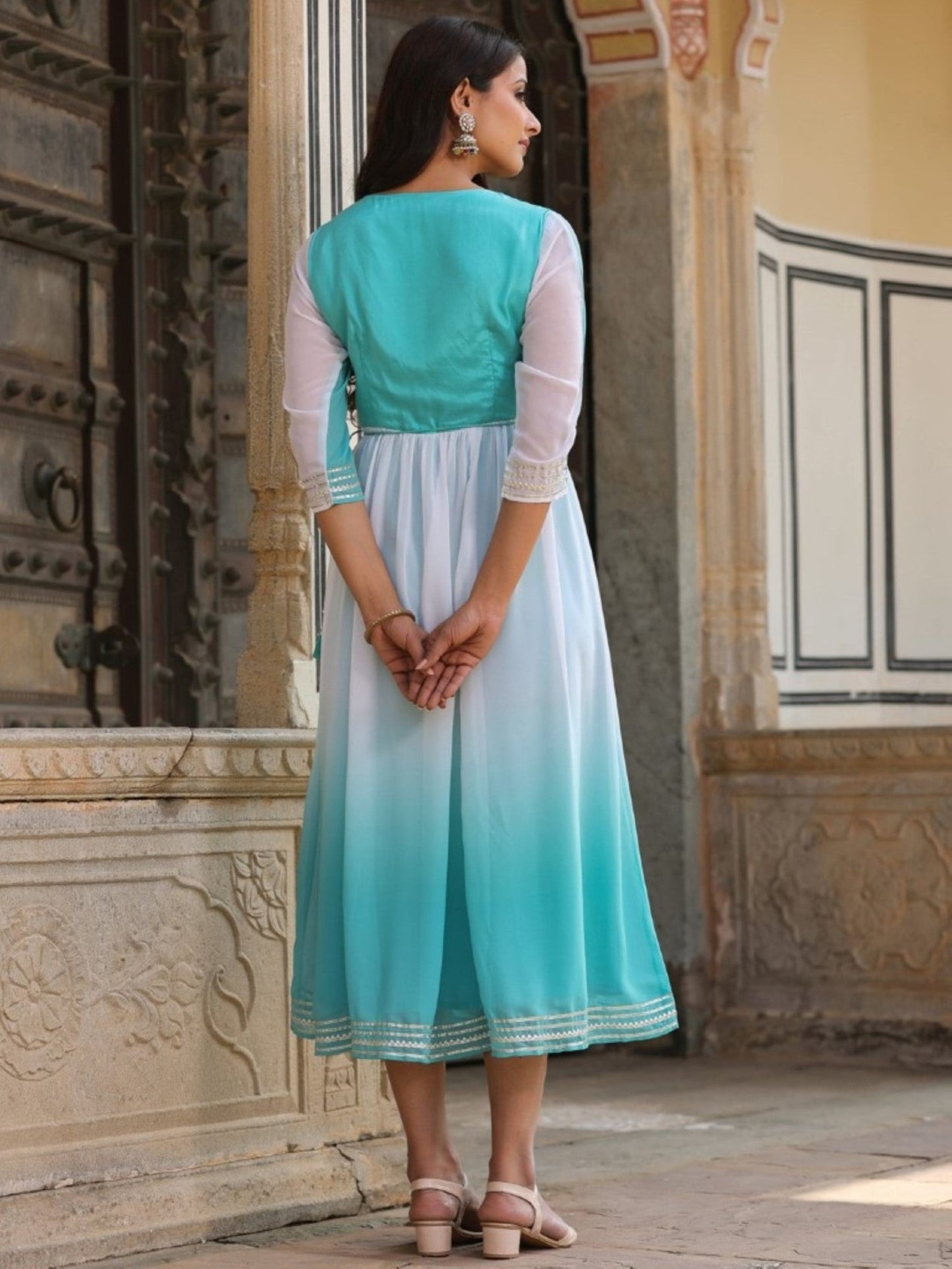 Teal Georgette Embroidered Maxi Dress
