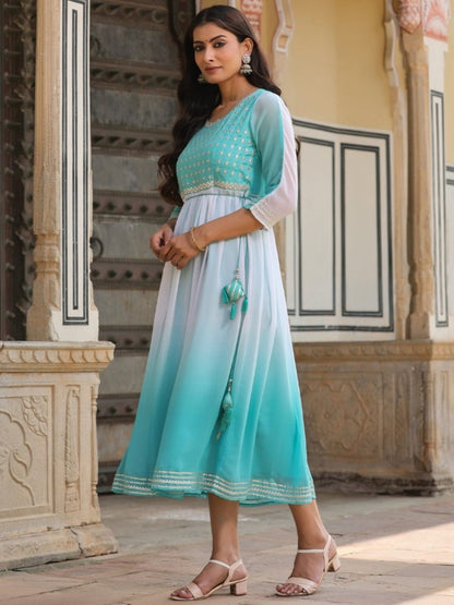 Teal Georgette Embroidered Maxi Dress