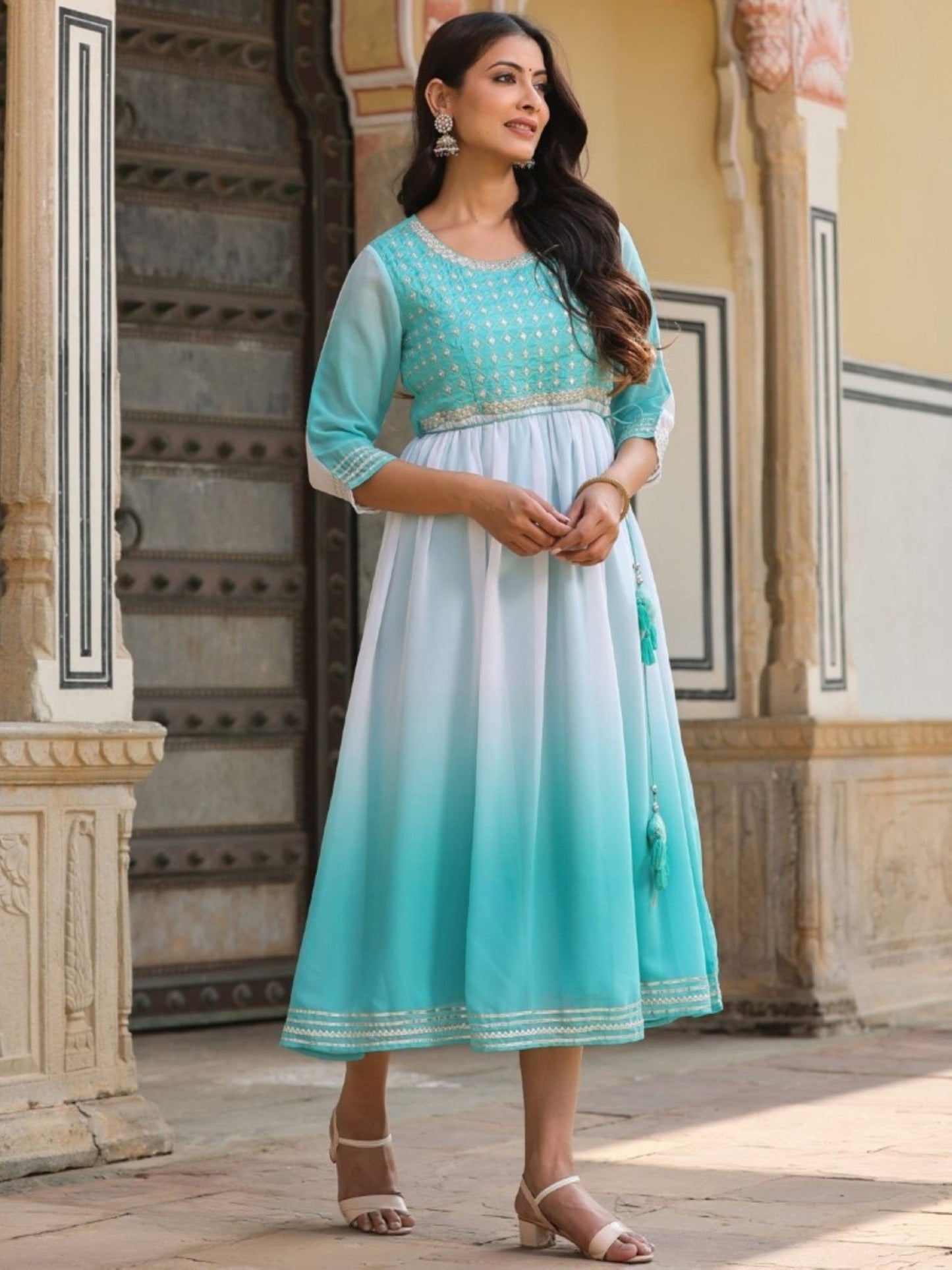 Teal Georgette Embroidered Maxi Dress