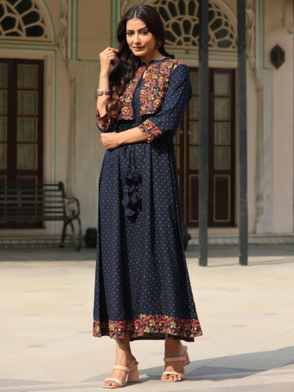 Blue Rayon Printed Maxi Dress With Short Jacket