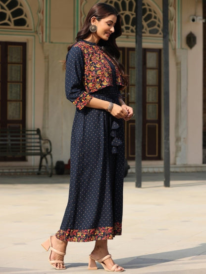 Blue Rayon Printed Maxi Dress With Short Jacket