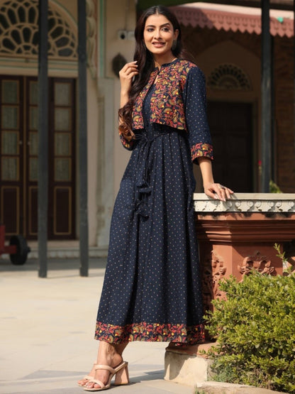 Blue Rayon Printed Maxi Dress With Short Jacket