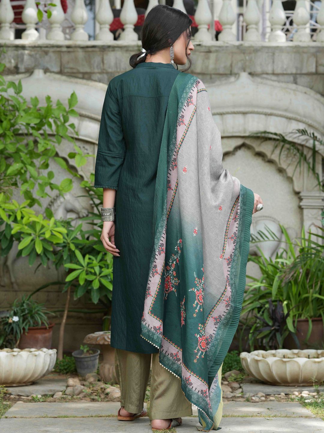 Bottle Green Mono Viscose Festive Wear Embroidered Straight Kurta Pant Dupatta Set