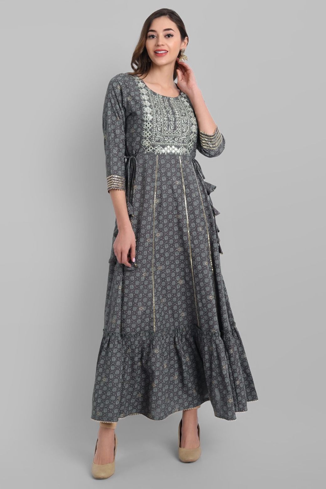 Grey Rayon Festive Wear Embroidered Tiered Long Dress