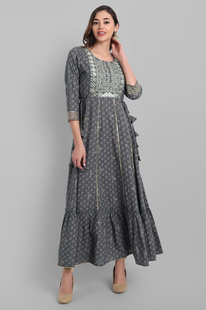 Grey Rayon Festive Wear Embroidered Tiered Long Dress