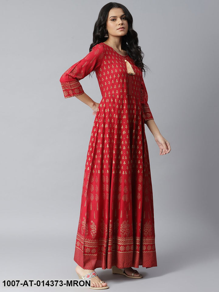 Gold Print Rayon Long Anarkali Kurta (Maroon)