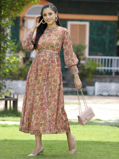 Multi Fuchsia Chiffon Flared Printed Dress