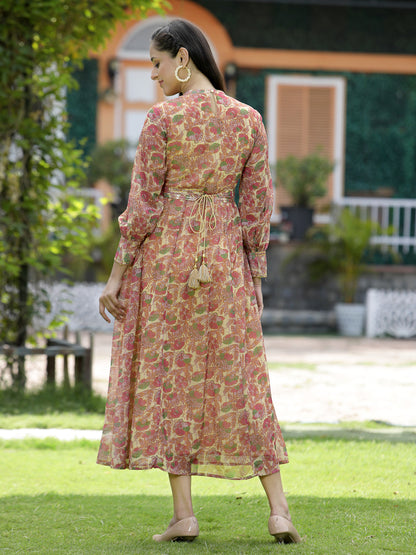 Multi Fuchsia Chiffon Flared Printed Dress