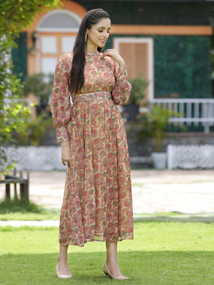 Multi Fuchsia Chiffon Flared Printed Dress