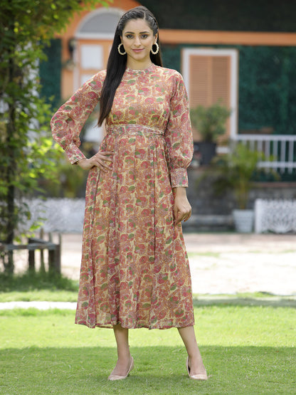 Multi Fuchsia Chiffon Flared Printed Dress