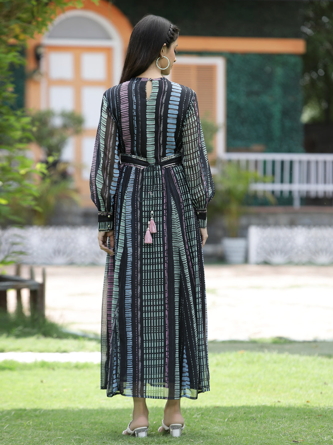 Multi Black Chiffon Flared Printed Dress