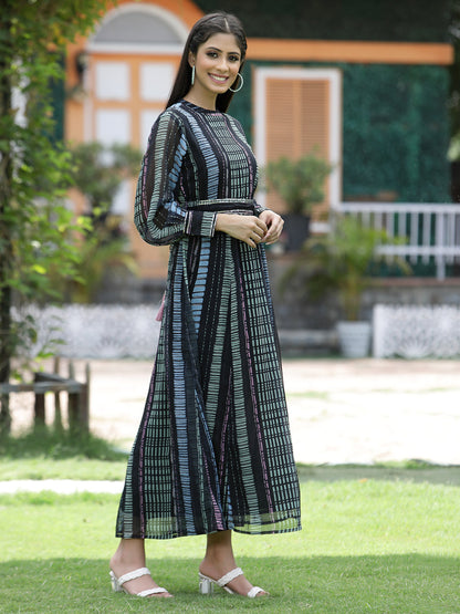Multi Black Chiffon Flared Printed Dress