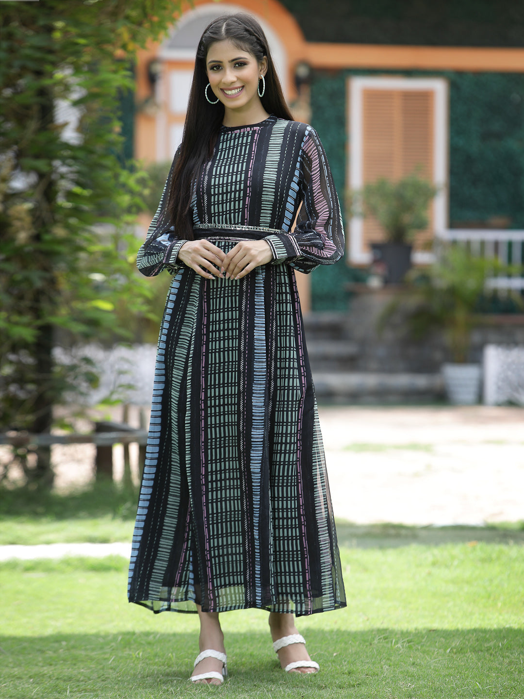 Multi Black Chiffon Flared Printed Dress