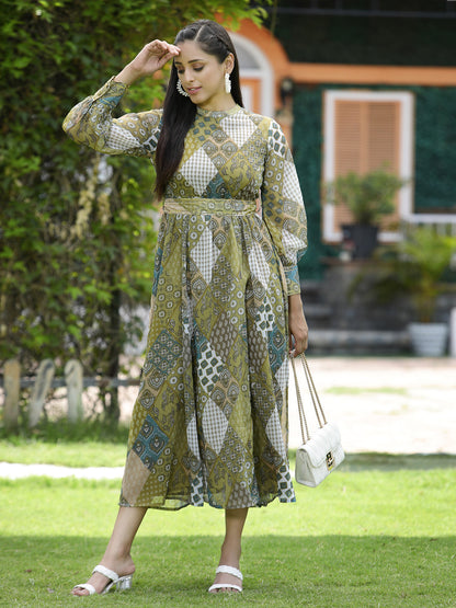 Multi Green Chiffon Flared Printed Dress