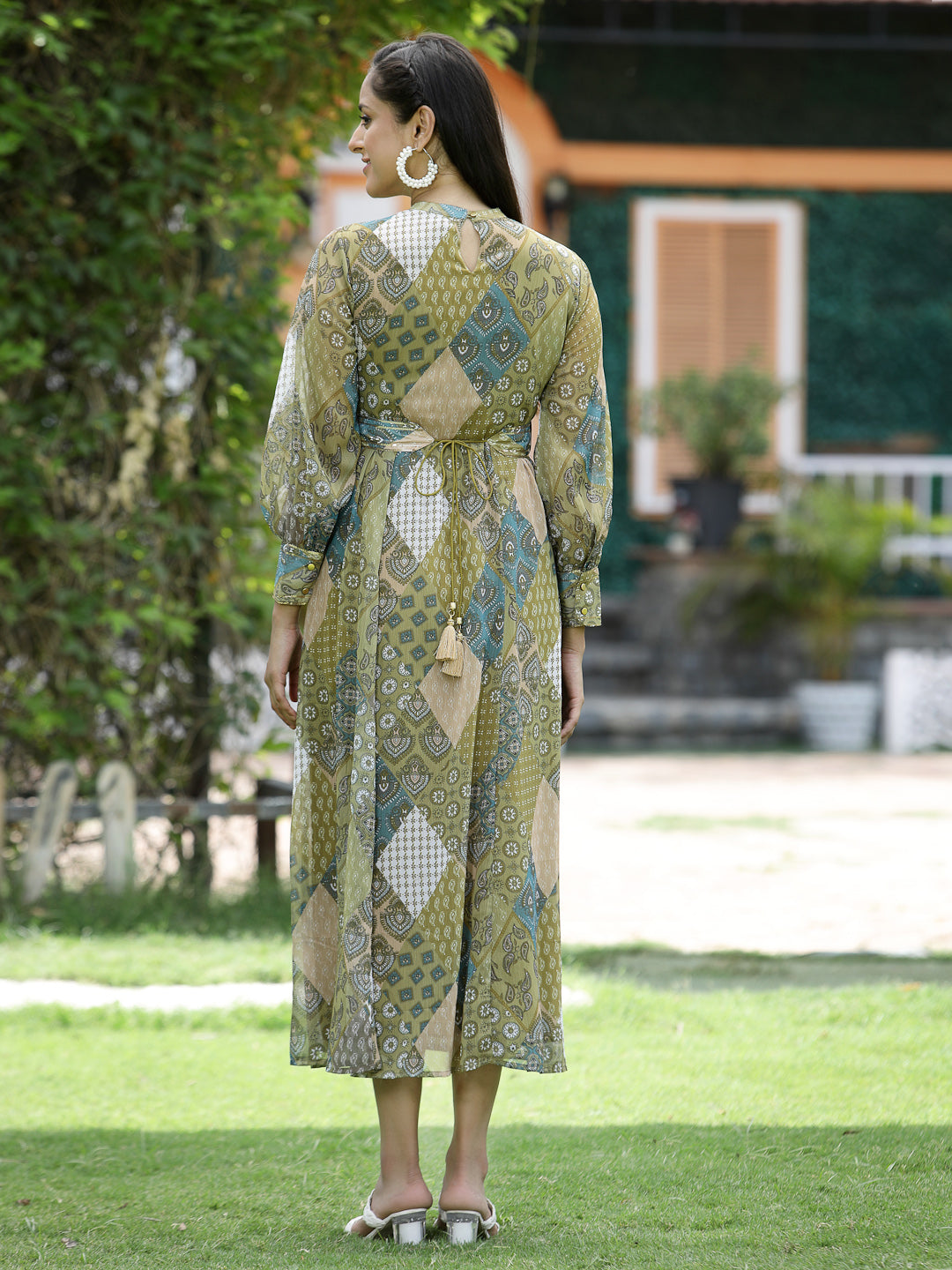 Multi Green Chiffon Flared Printed Dress