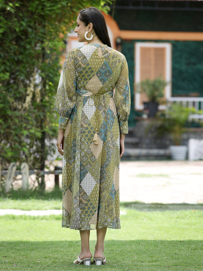 Multi Green Chiffon Flared Printed Dress