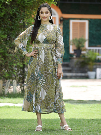 Multi Green Chiffon Flared Printed Dress