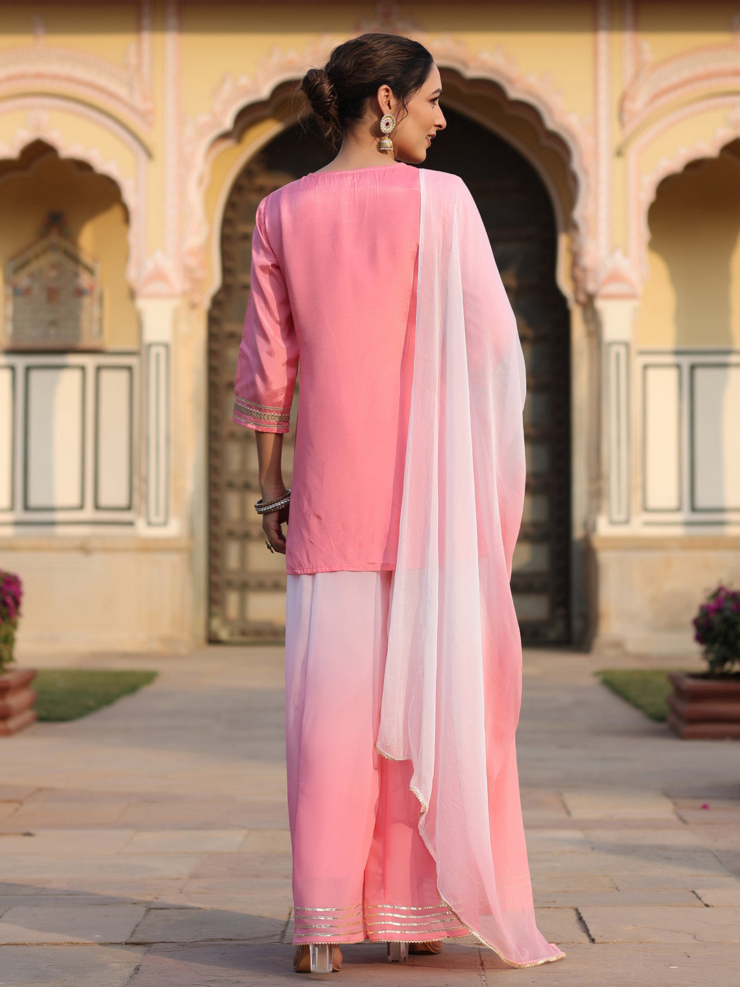 Pink Shantoon Embroidered Kurta, Palazzo And Dupatta Set