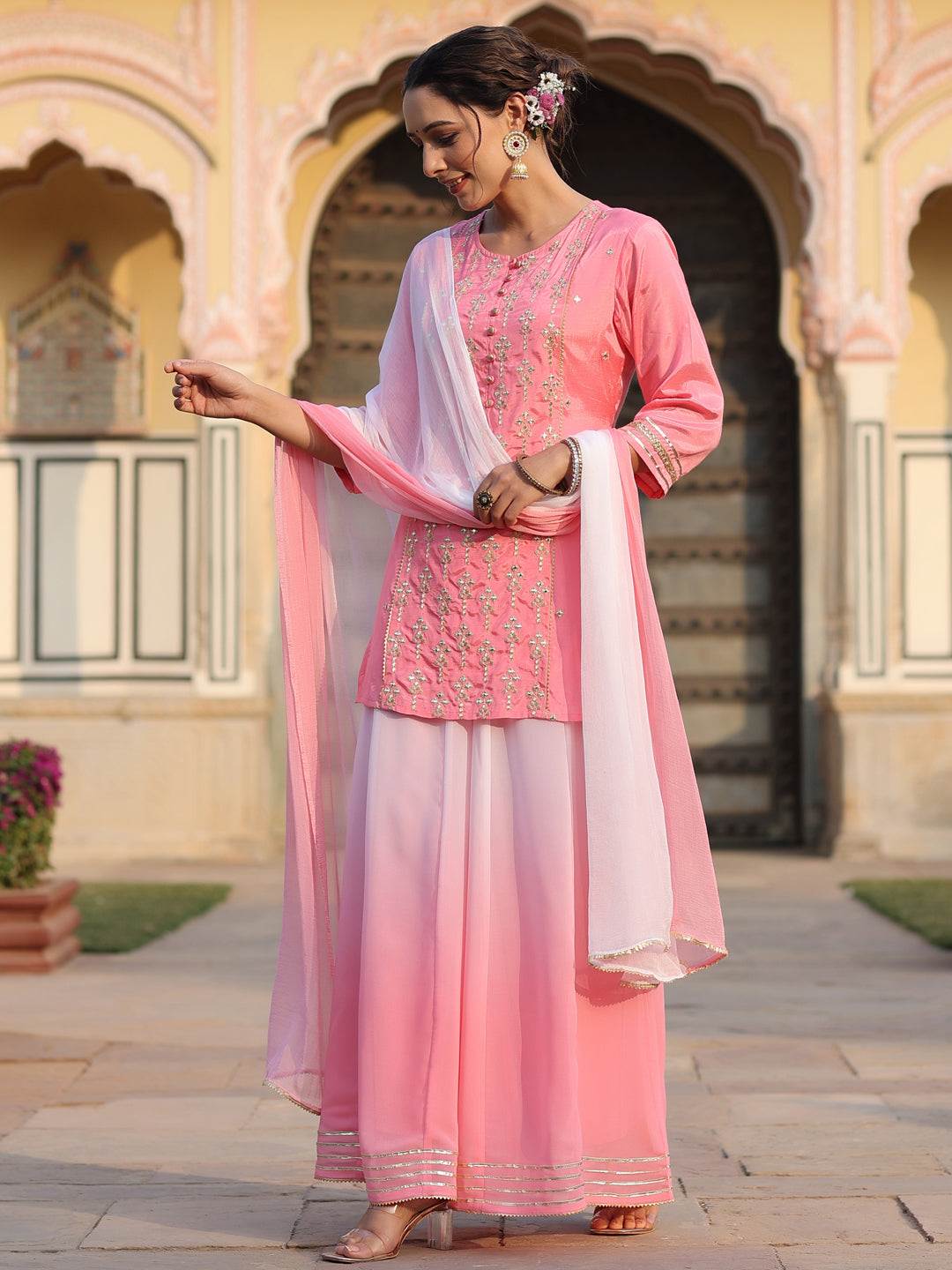 Pink Shantoon Embroidered Kurta, Palazzo And Dupatta Set