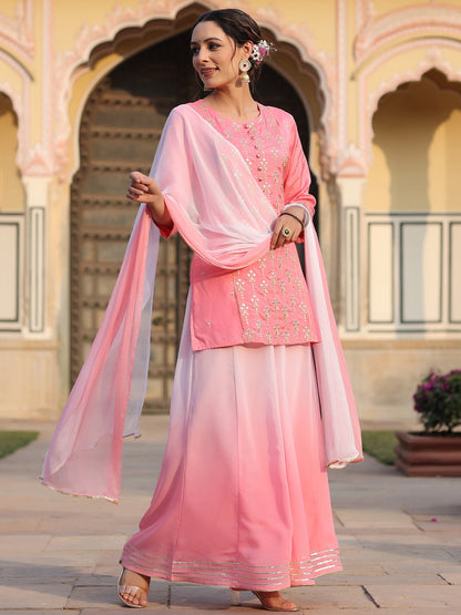 Pink Shantoon Embroidered Kurta, Palazzo And Dupatta Set