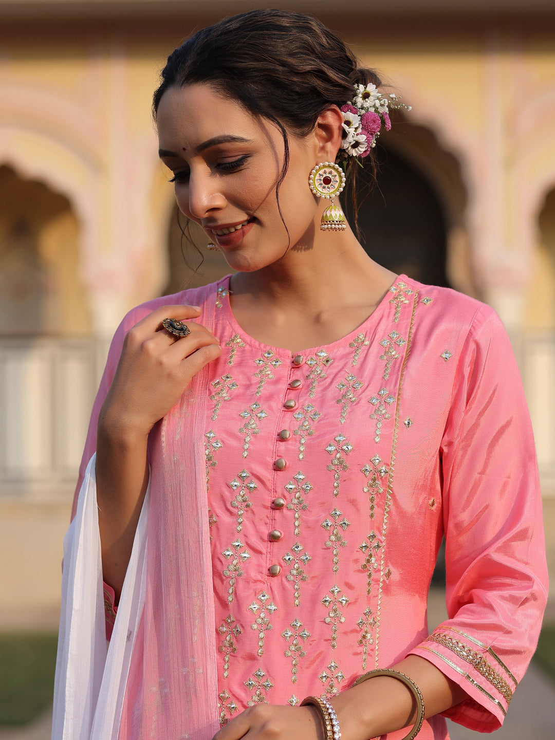 Pink Shantoon Embroidered Kurta, Palazzo And Dupatta Set